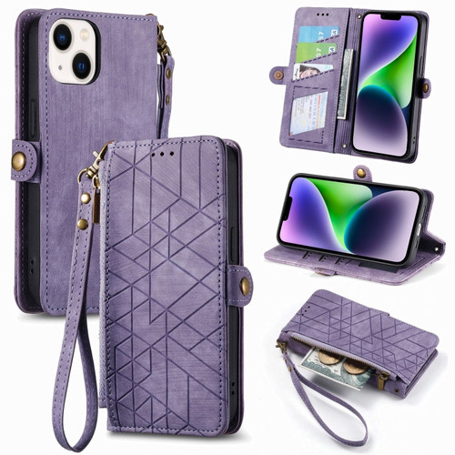 iPhone 14 Geometric Zipper Wallet Side Buckle Leather Phone Case - Purple
