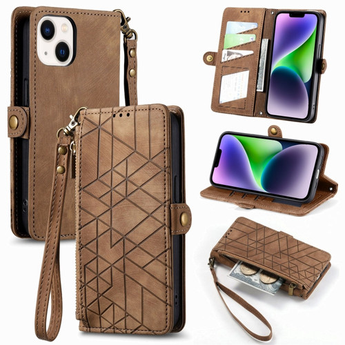 iPhone 14 Geometric Zipper Wallet Side Buckle Leather Phone Case - Brown