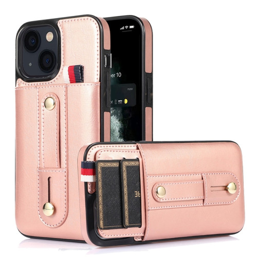 iPhone 14 Wristband Kickstand Wallet Leather Phone Case  - Rose Gold