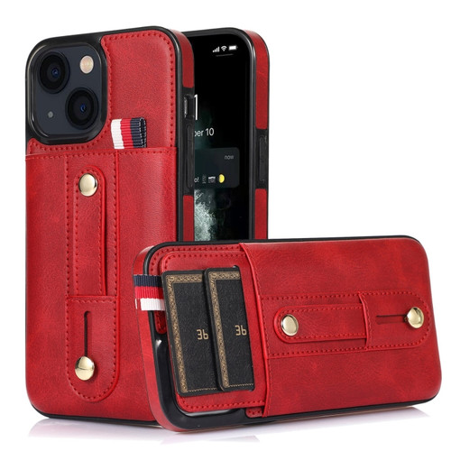 iPhone 14 Wristband Kickstand Wallet Leather Phone Case  - Red