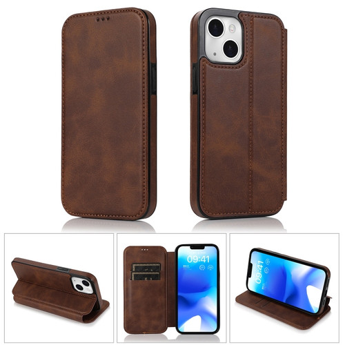 iPhone 14 Strong Magnetic Closure PU + TPU Leather Phone Case - Brown