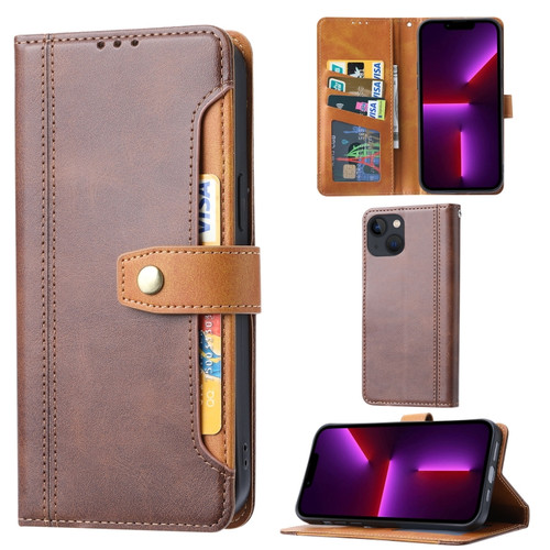 iPhone 14 Calf Texture Double Fold Clasp Horizontal Flip Leather Case  - Brown