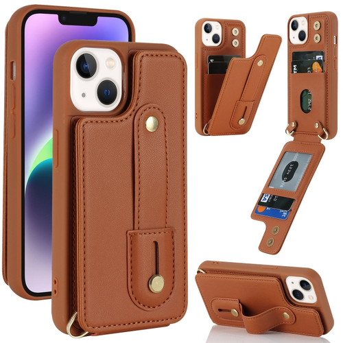 iPhone 14 Wristband Vertical Flip Wallet Back Cover Phone Case - Brown