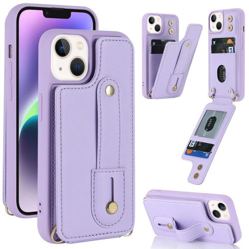 iPhone 14 Wristband Vertical Flip Wallet Back Cover Phone Case - Purple