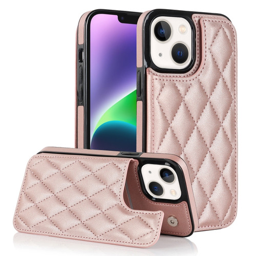 iPhone 14 Double Buckle Rhombic PU Leather Phone Case - Rose Gold