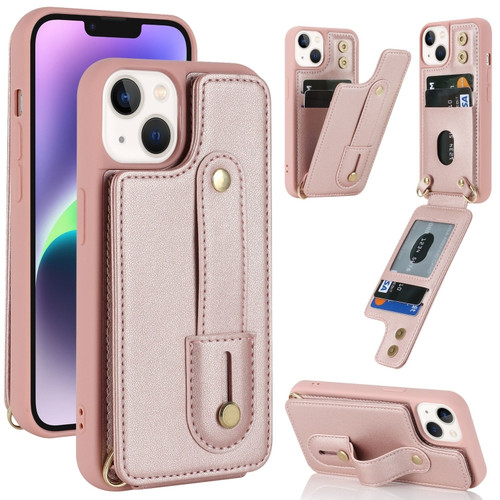 iPhone 14 Wristband Vertical Flip Wallet Back Cover Phone Case - Rose Gold