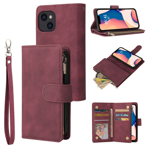 iPhone 14 Multifunctional Phone Leather Case with Card Slot  - Wine Red