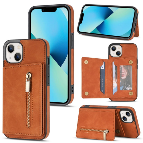 iPhone 14 Zipper Card Holder Phone Case  - Brown