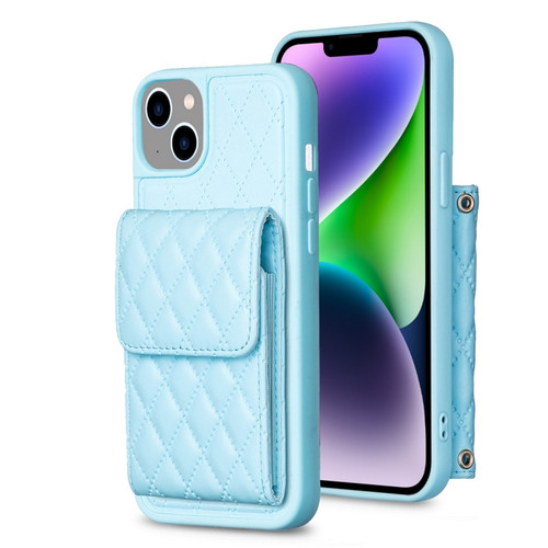 iPhone 14 Vertical Wallet Rhombic Leather Phone Case - Blue