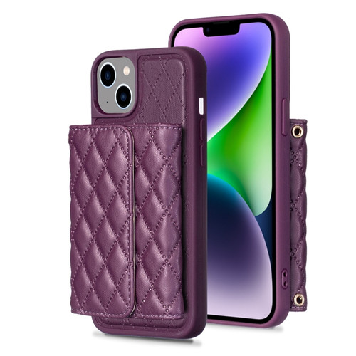 iPhone 14 Horizontal Wallet Rhombic Leather Phone Case - Dark Purple