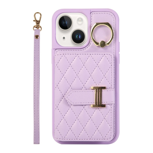 iPhone 14 Horizontal Card Bag Ring Holder Phone Case with Dual Lanyard - Purple