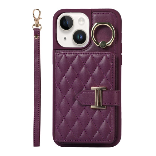iPhone 14 Horizontal Card Bag Ring Holder Phone Case with Dual Lanyard - Dark Purple
