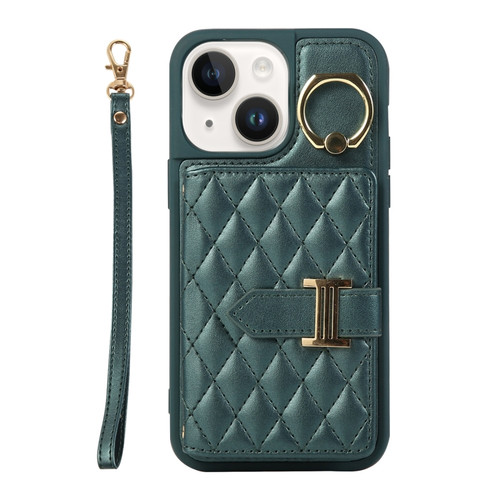 iPhone 14 Horizontal Card Bag Ring Holder Phone Case with Dual Lanyard - Dark Green