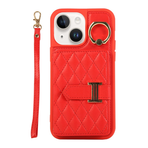 iPhone 14 Horizontal Card Bag Ring Holder Phone Case with Dual Lanyard - Red