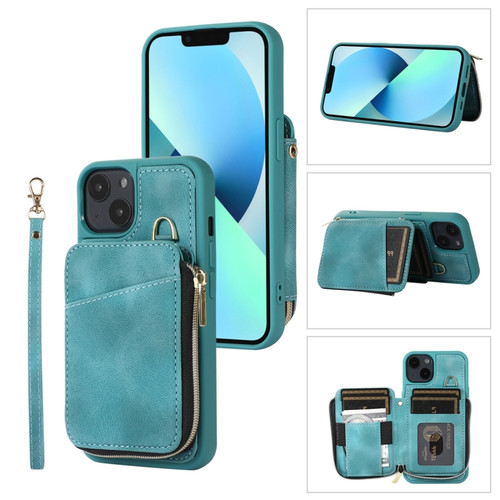 iPhone 14 Zipper Card Bag Back Cover Phone Case - Turquoise