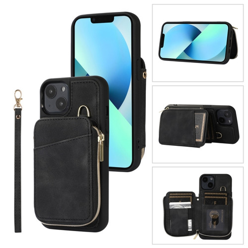 iPhone 14 Zipper Card Bag Back Cover Phone Case - Black