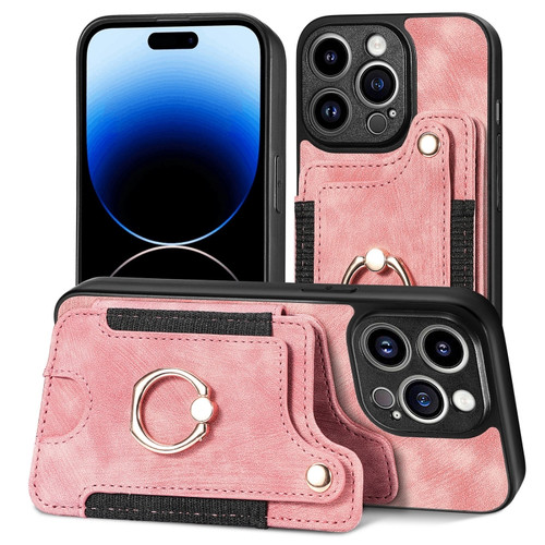 iPhone 14 Retro Skin-feel Ring Multi-card Wallet Phone Case - Pink