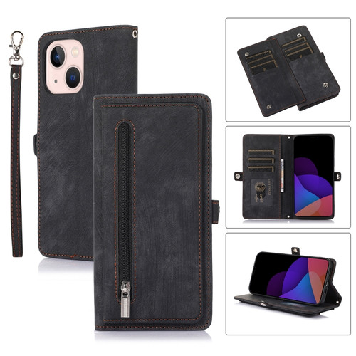 iPhone 14 Zipper Card Slot Buckle Wallet Leather Phone Case  - Black