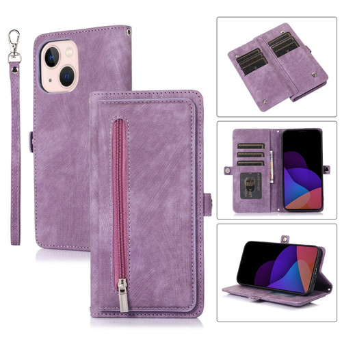 iPhone 14 Zipper Card Slot Buckle Wallet Leather Phone Case  - Purple