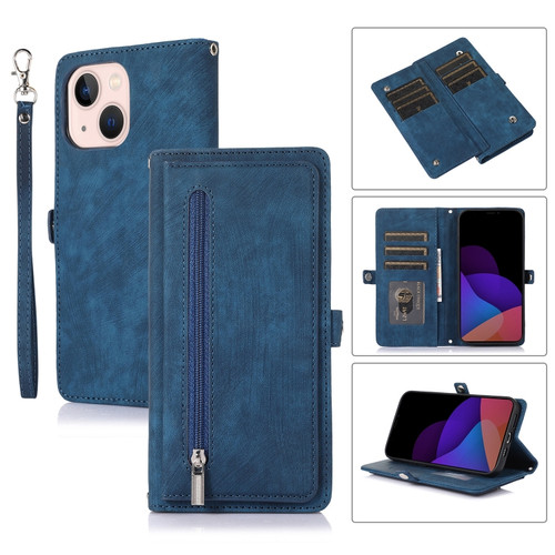 iPhone 14 Zipper Card Slot Buckle Wallet Leather Phone Case  - Blue