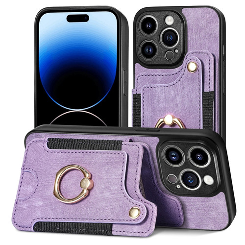 iPhone 14 Retro Skin-feel Ring Multi-card Wallet Phone Case - Purple