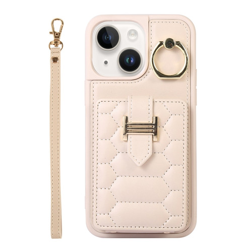 iPhone 14 Vertical Card Bag Ring Holder Phone Case with Dual Lanyard - Beige