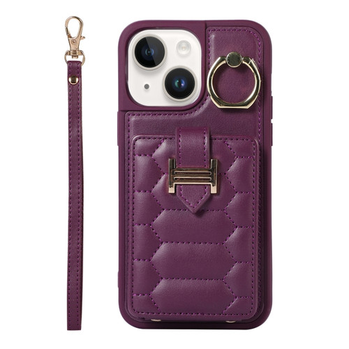 iPhone 14 Vertical Card Bag Ring Holder Phone Case with Dual Lanyard - Dark Purple