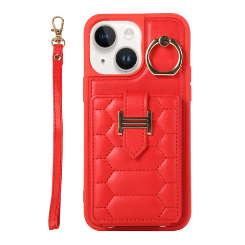 iPhone 14 Vertical Card Bag Ring Holder Phone Case with Dual Lanyard - Red