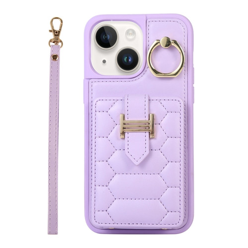 iPhone 14 Vertical Card Bag Ring Holder Phone Case with Dual Lanyard - Purple