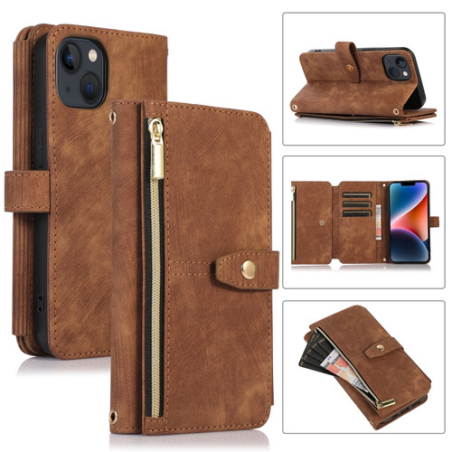 iPhone 14 Dream 9-Card Wallet Zipper Bag Leather Phone Case - Brown