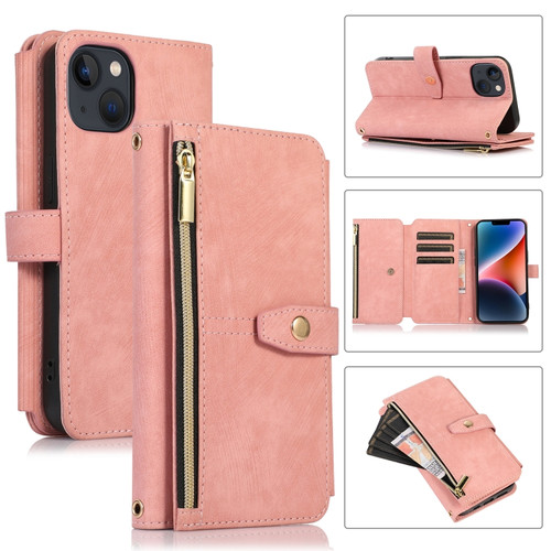 iPhone 14 Dream 9-Card Wallet Zipper Bag Leather Phone Case - Pink