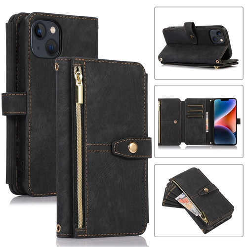 iPhone 14 Dream 9-Card Wallet Zipper Bag Leather Phone Case - Black