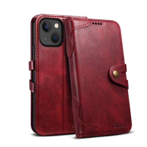 Suteni Calf Texture Buckle Wallet Leather Phone Case iPhone 14 - Red