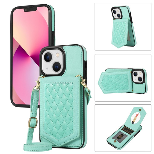 iPhone 14 Rhombic Texture RFID Phone Case with Lanyard & Mirror - Mint Green