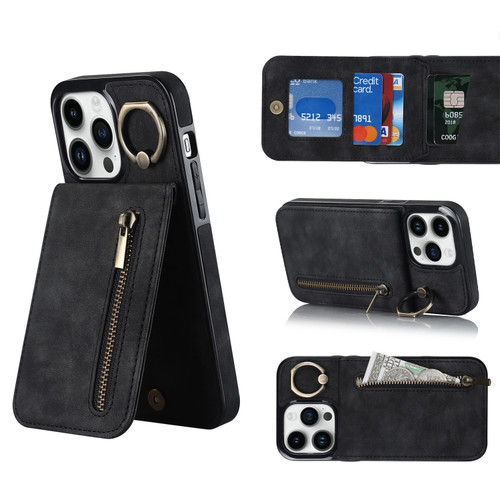 iPhone 14 Retro Ring and Zipper RFID Card Slot Phone Case - Black