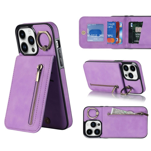 iPhone 14 Retro Ring and Zipper RFID Card Slot Phone Case - Purple