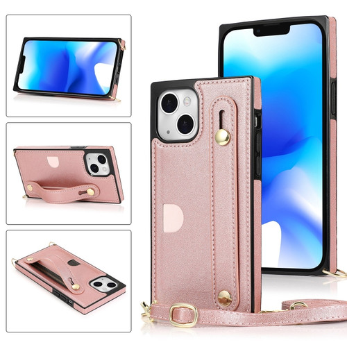 iPhone 14 Crossbody Wrist Strap Card Holder Phone Case - Rose Gold