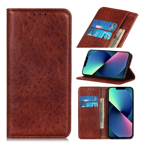 iPhone 14 Magnetic Crazy Horse Texture Horizontal Flip Leather Phone Case  - Brown