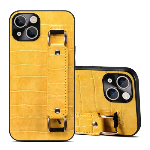 iPhone 14 Crocodile Wristband Wallet Leather Back Cover Phone Case - Yellow