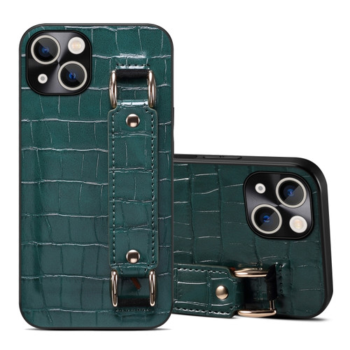 iPhone 14 Crocodile Wristband Wallet Leather Back Cover Phone Case - Dark Green