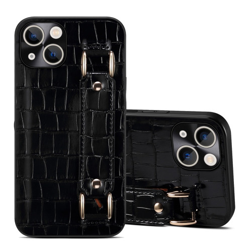 iPhone 14 Crocodile Wristband Wallet Leather Back Cover Phone Case - Black