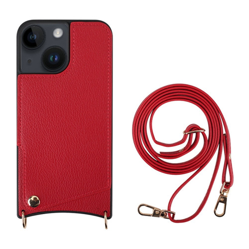 iPhone 14 Fish Tail Card Slot PU + TPU Phone Case with Long Lanyard - Red