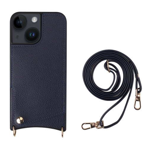 iPhone 14 Fish Tail Card Slot PU + TPU Phone Case with Long Lanyard - Dark Blue