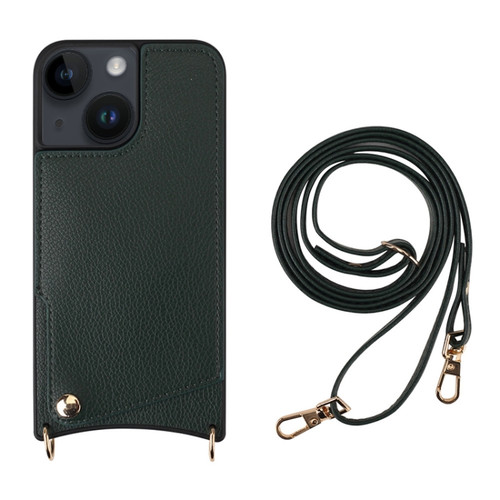 iPhone 14 Fish Tail Card Slot PU + TPU Phone Case with Long Lanyard - Dark Green
