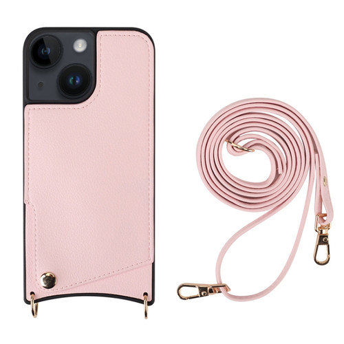 iPhone 14 Fish Tail Card Slot PU + TPU Phone Case with Long Lanyard - Pink