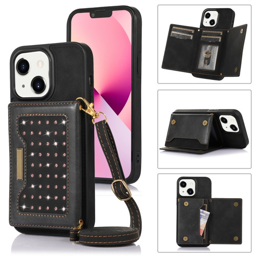 iPhone 14 Three-fold RFID Leather Phone Case with Lanyard - Black