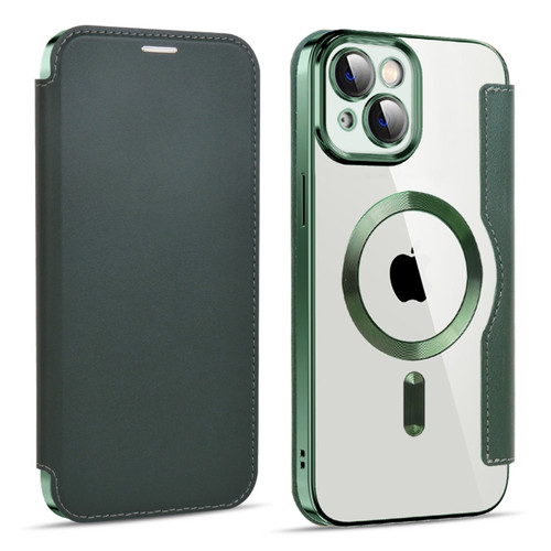 iPhone 14 MagSafe Magnetic RFID Anti-theft Leather Phone Case - Dark Green