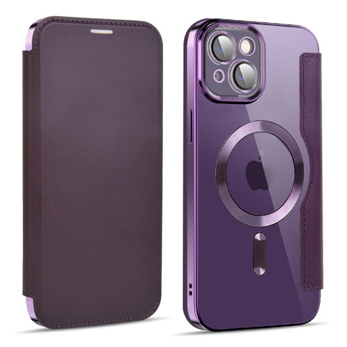 iPhone 14 MagSafe Magnetic RFID Anti-theft Leather Phone Case - Dark Purple