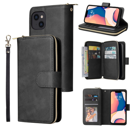 iPhone 14 9 Card Slots Zipper Wallet Bag Leather Phone Case  - Black