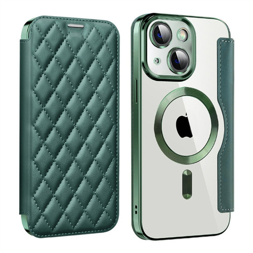 iPhone 14 Shield Magsafe RFID Anti-theft Rhombus Leather Phone Case - Green